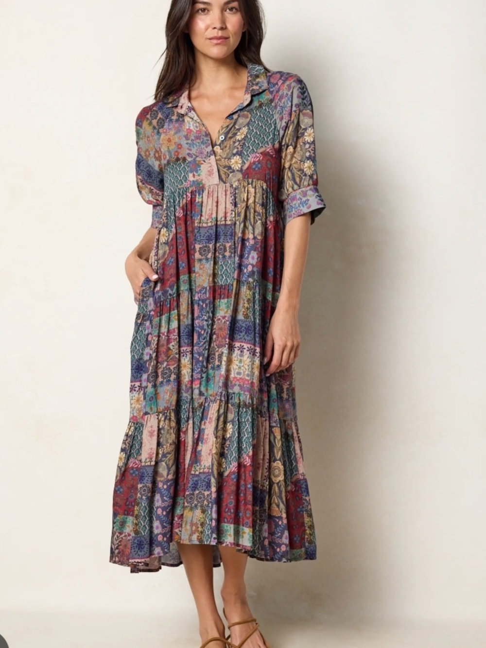 Boho Patchwork Button-Front Midi Dress in Multi